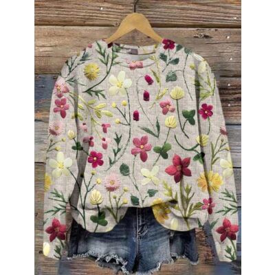  Ladies Casual Raglan Sleeve Loose Floral Print Sweatshirt, 