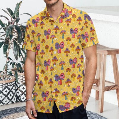 Trippy Mystical mushrooms button Up Short Sleeve Shirt 