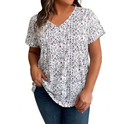 Women's Summer Floral Print V-Neck Short Sleeve Casual T-Shirt