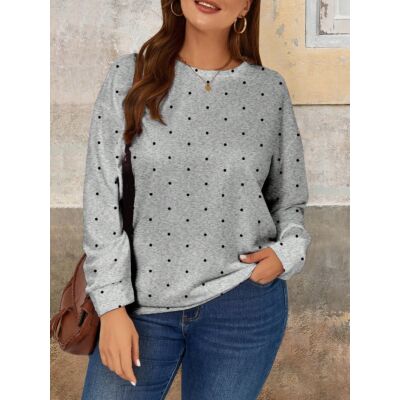 Women Black Dot Pattern Long Sleeve Crew Neck Loose Pullover Sweatshirt