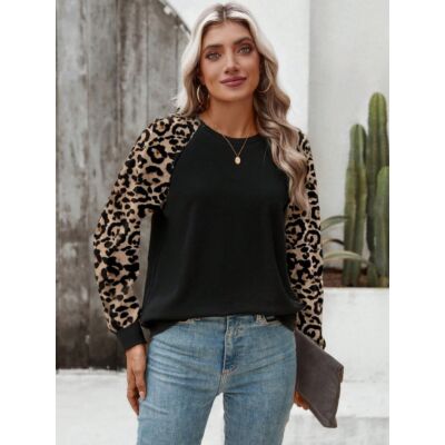  Leopard Print Raglan Sleeve Pullover