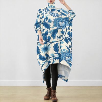 Kaoling long-sleeved irregular hem blue and white porcelain print dress