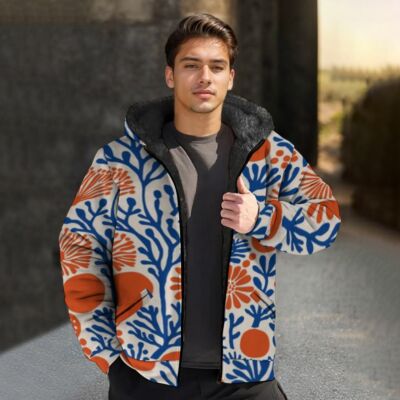 Men's zipper hooded printed fleece coat winter