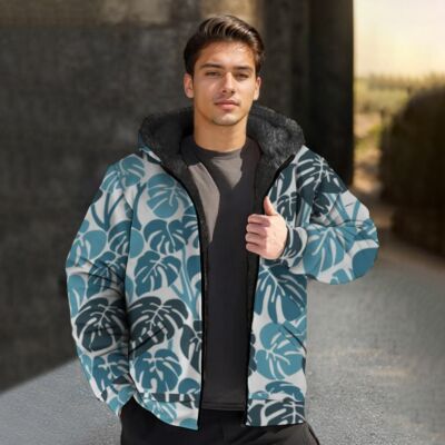 Men's zipper hooded printed fleece jacket