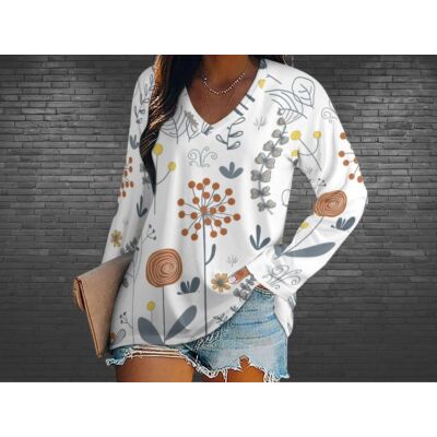 Women Long Sleeve V Neck Loose T Shirt