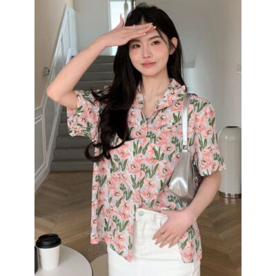  Women's Floral Print Short Sleeve Button Up Shirt