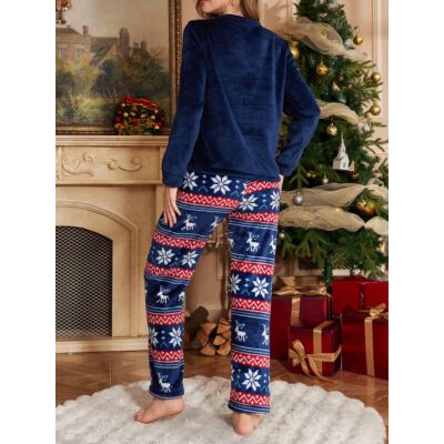 Christmas themed ladies flannel long sleeves and trousers winter set